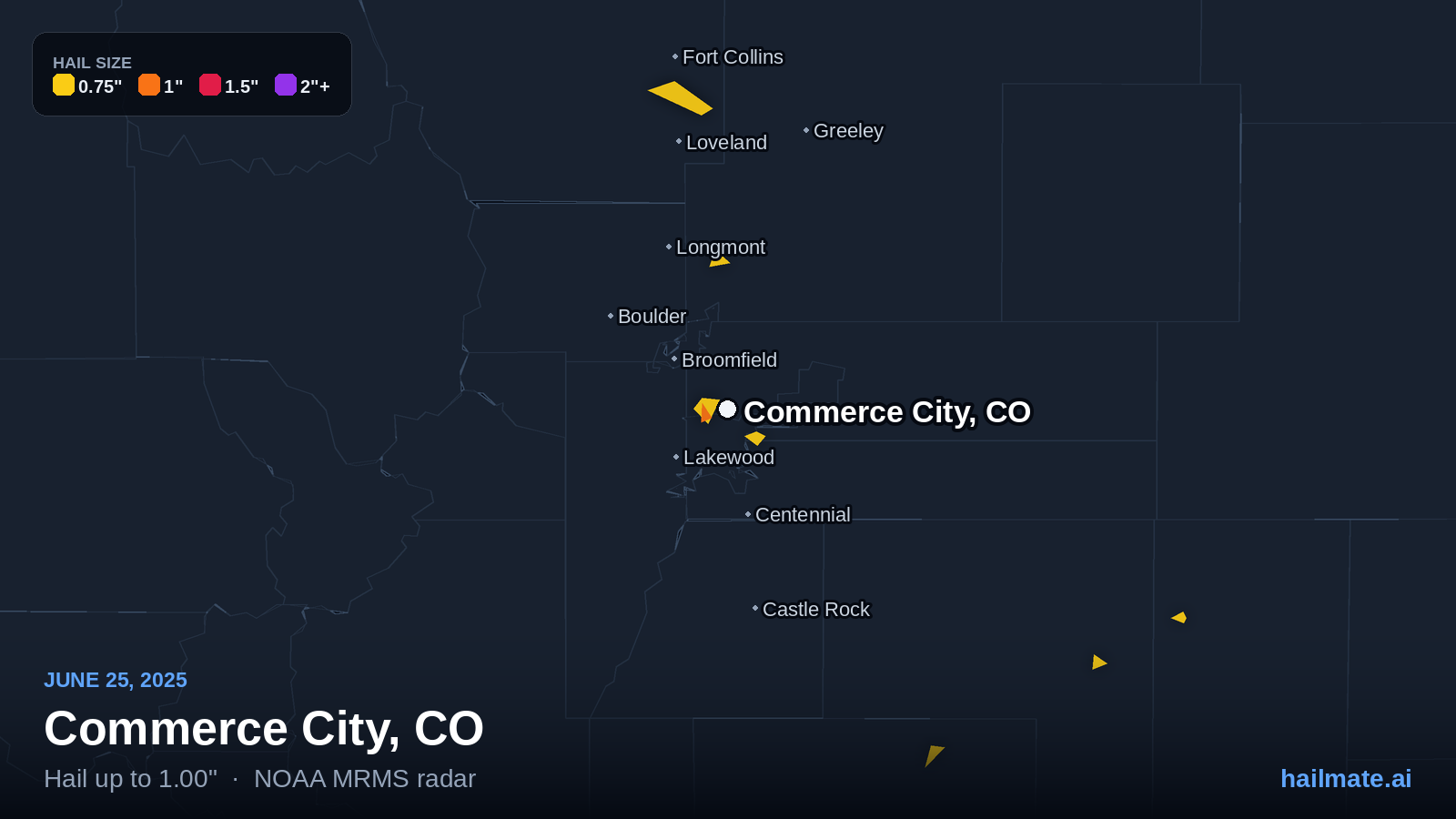 Hail swath map for Commerce City, CO on June 25, 2025 showing 1.00 inch hail.