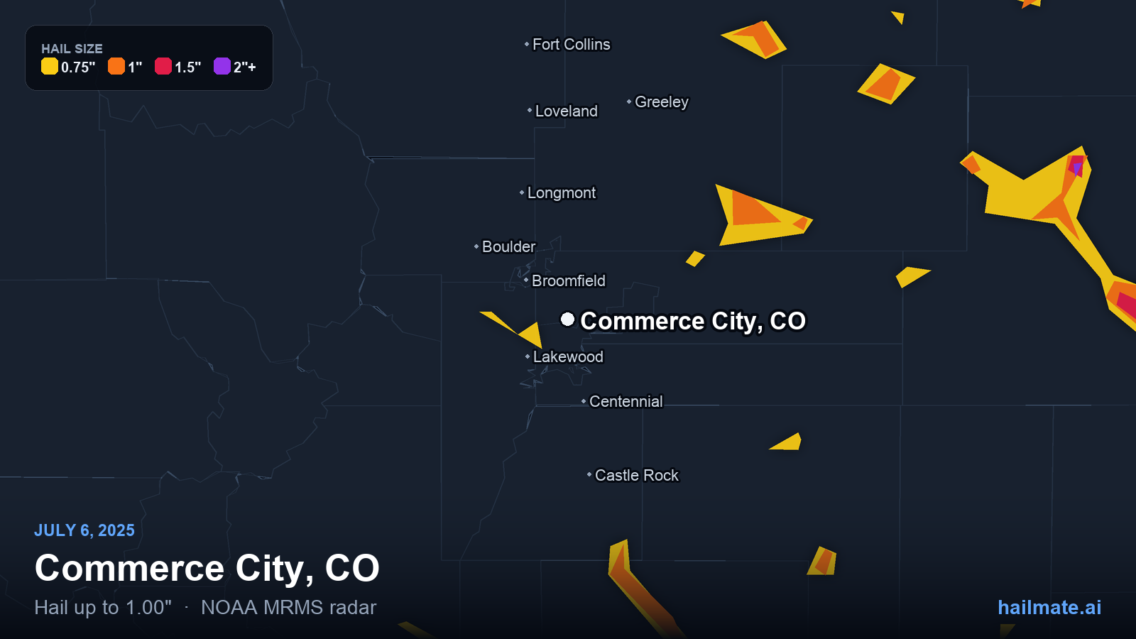 Hail swath map for Commerce City, CO on July 6, 2025 showing 1.00 inch hail.