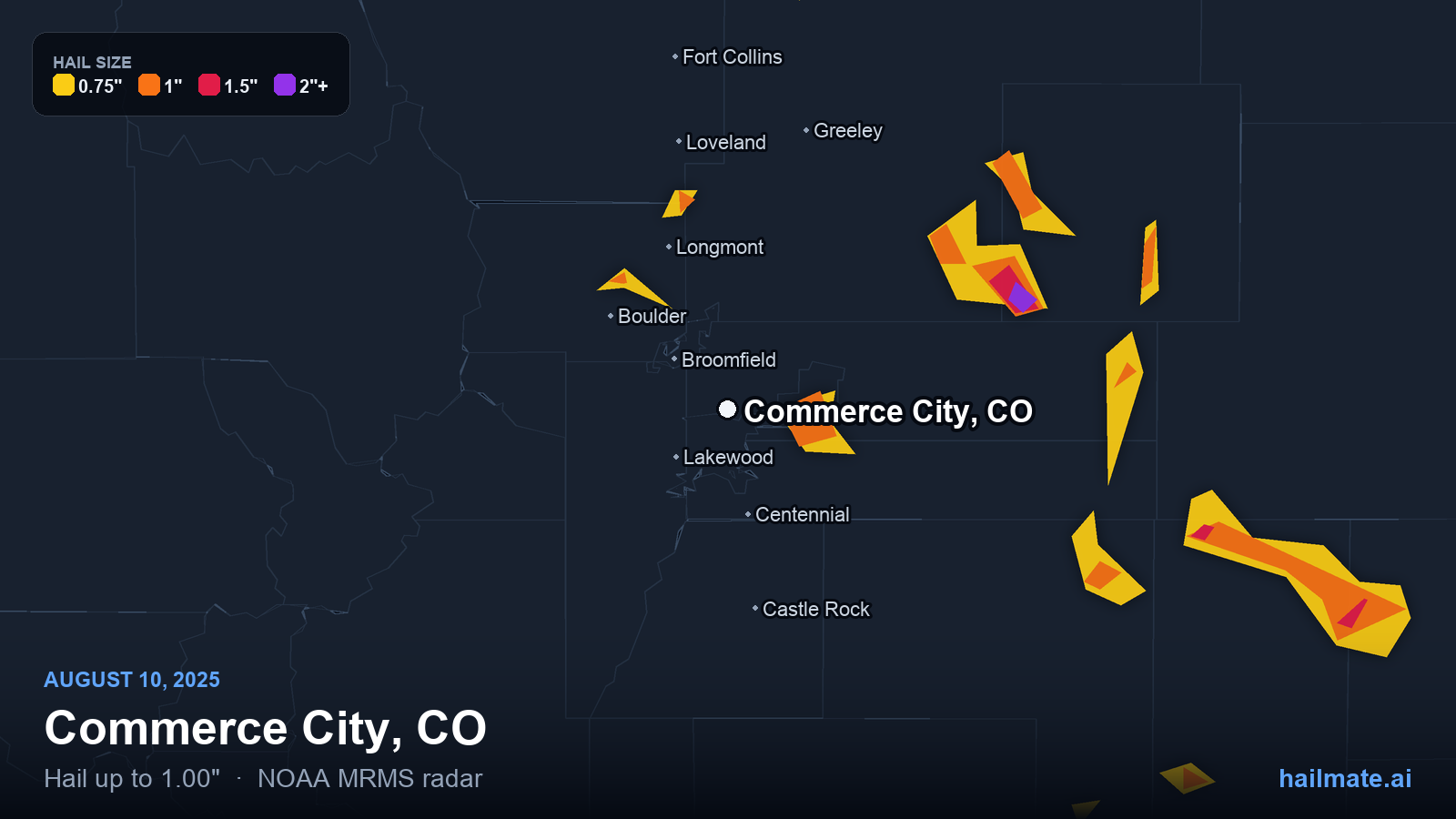 Hail swath map for Commerce City, CO on August 10, 2025 showing 1.00 inch hail.