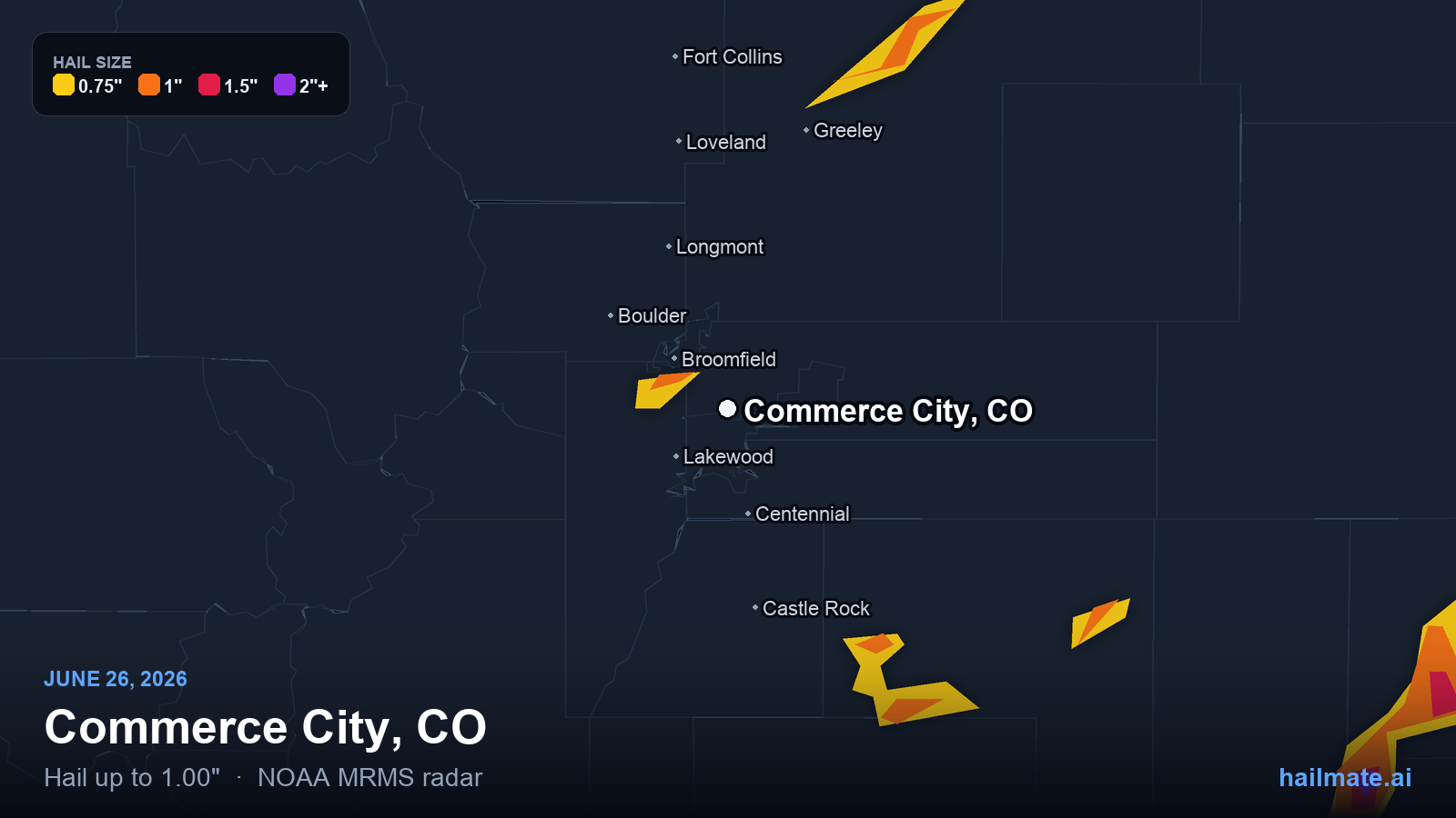 Hail swath map for Commerce City, CO on June 26, 2026 showing 1.00 inch hail.