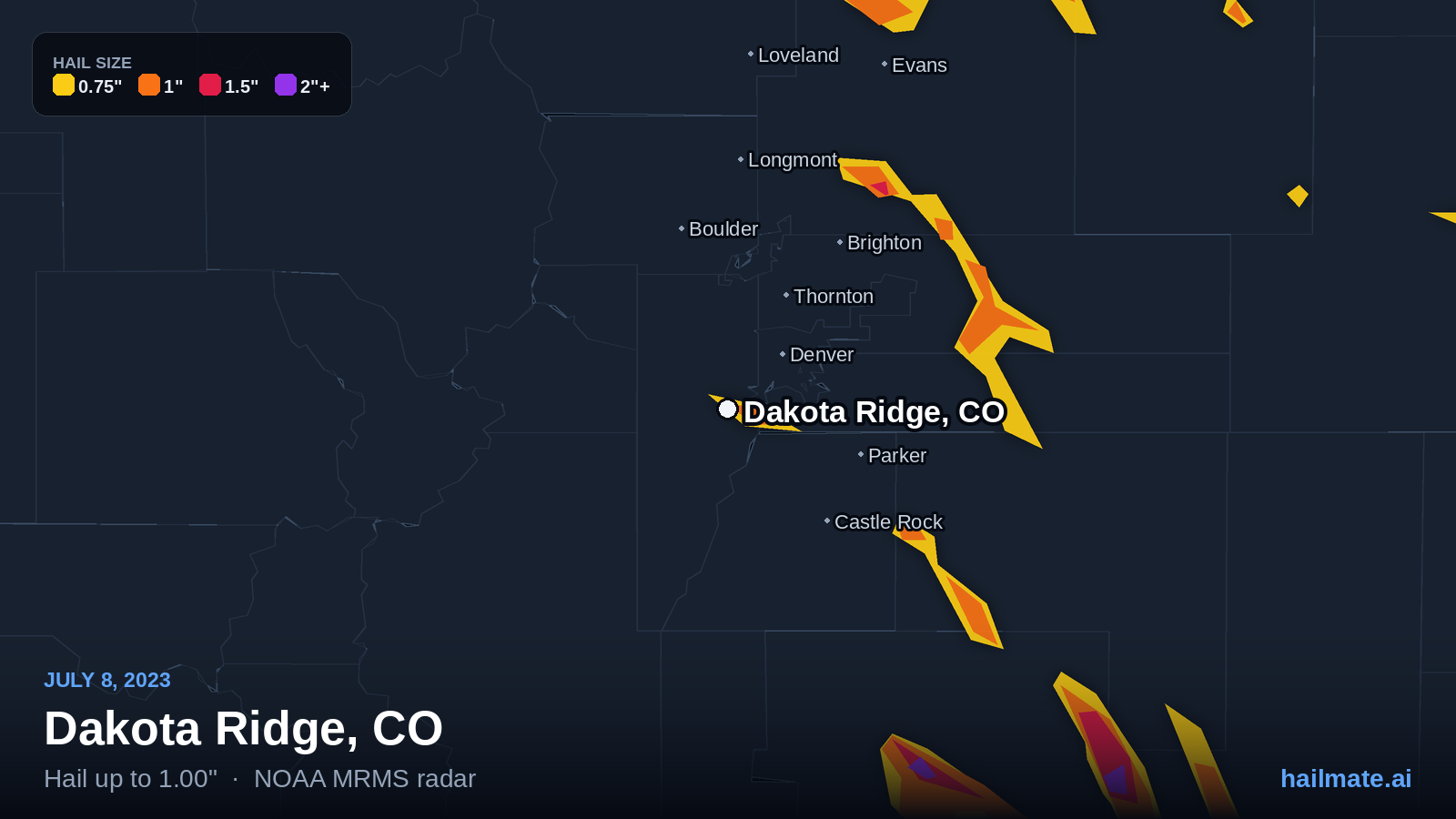 Hail swath map for Dakota Ridge, CO on July 8, 2023 showing 1.00 inch hail.