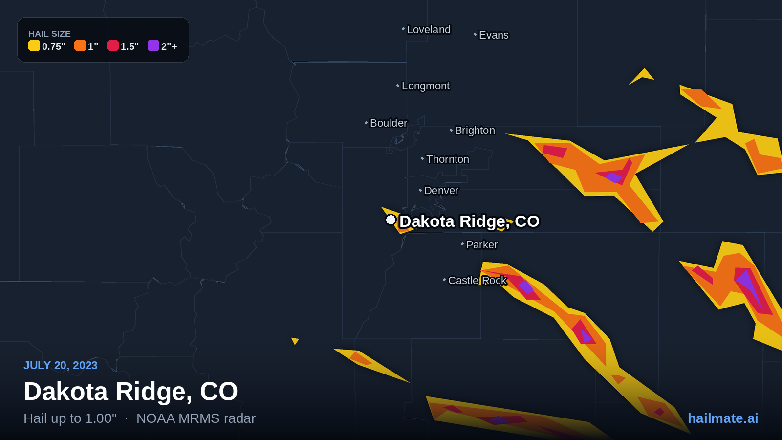 Hail swath map for Dakota Ridge, CO on July 20, 2023 showing 1.00 inch hail.