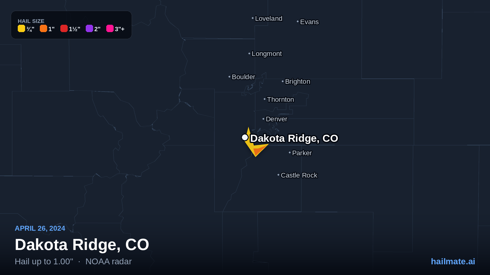 Hail swath map for Dakota Ridge, CO on April 26, 2024 showing 1.00 inch hail.
