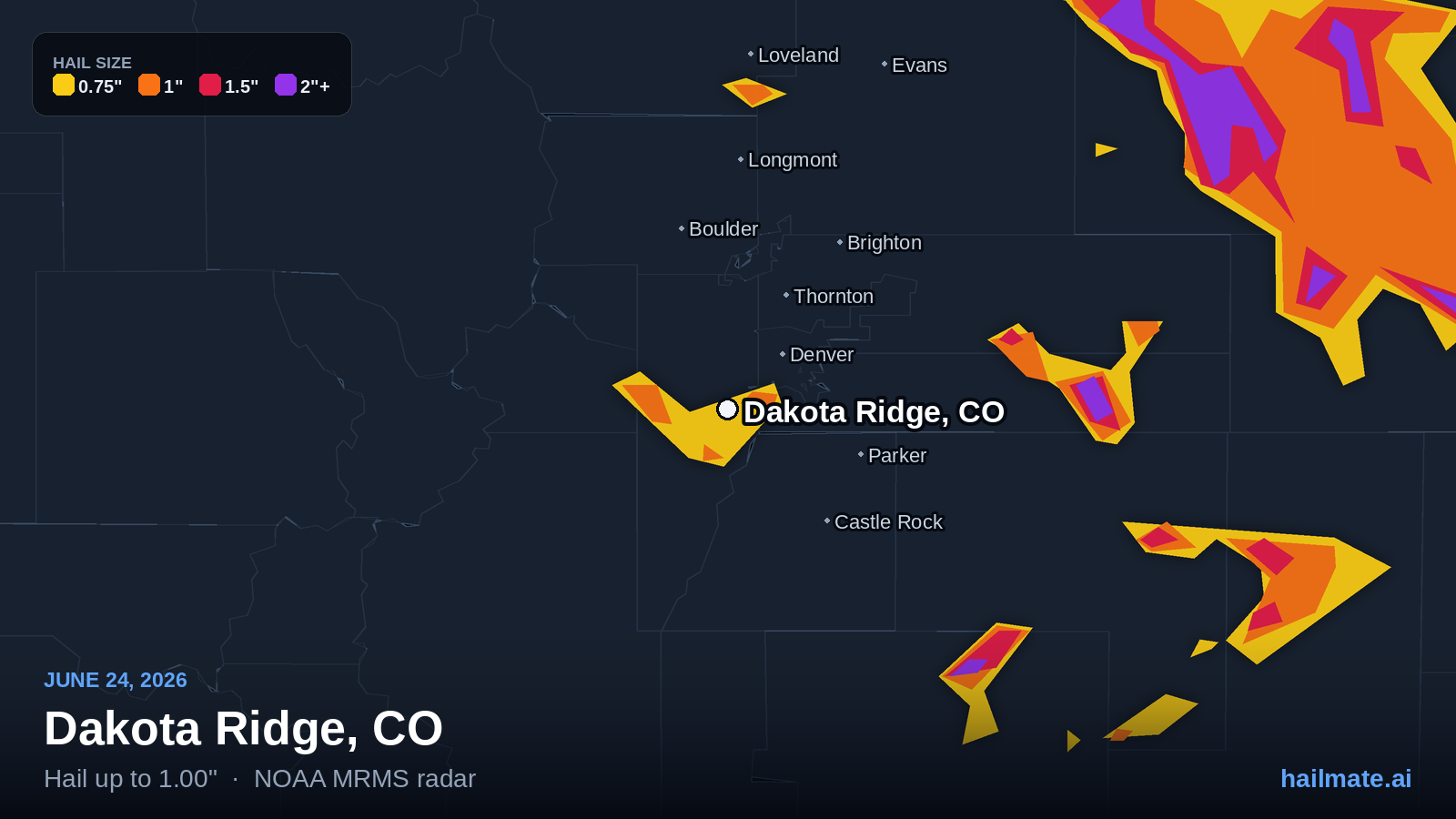 Hail swath map for Dakota Ridge, CO on June 24, 2026 showing 1.00 inch hail.