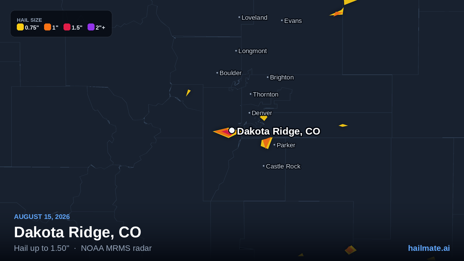 Hail swath map for Dakota Ridge, CO on August 15, 2026 showing 1.50 inch hail.