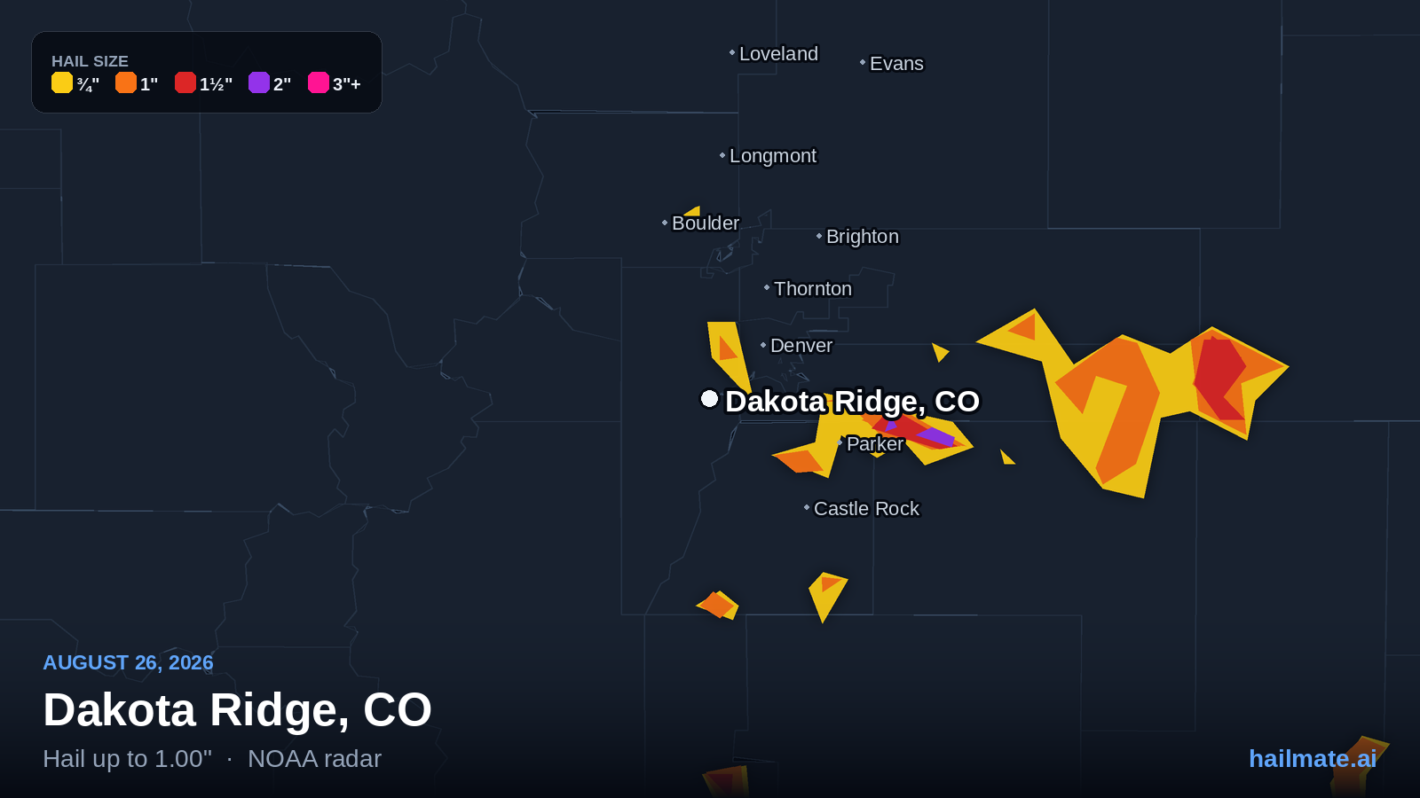 Hail swath map for Dakota Ridge, CO on August 26, 2026 showing 1.00 inch hail.