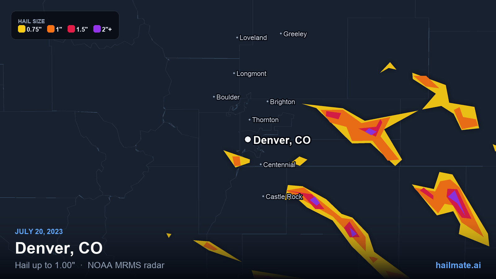 Hail swath map for Denver, CO on July 20, 2023 showing 1.00 inch hail.