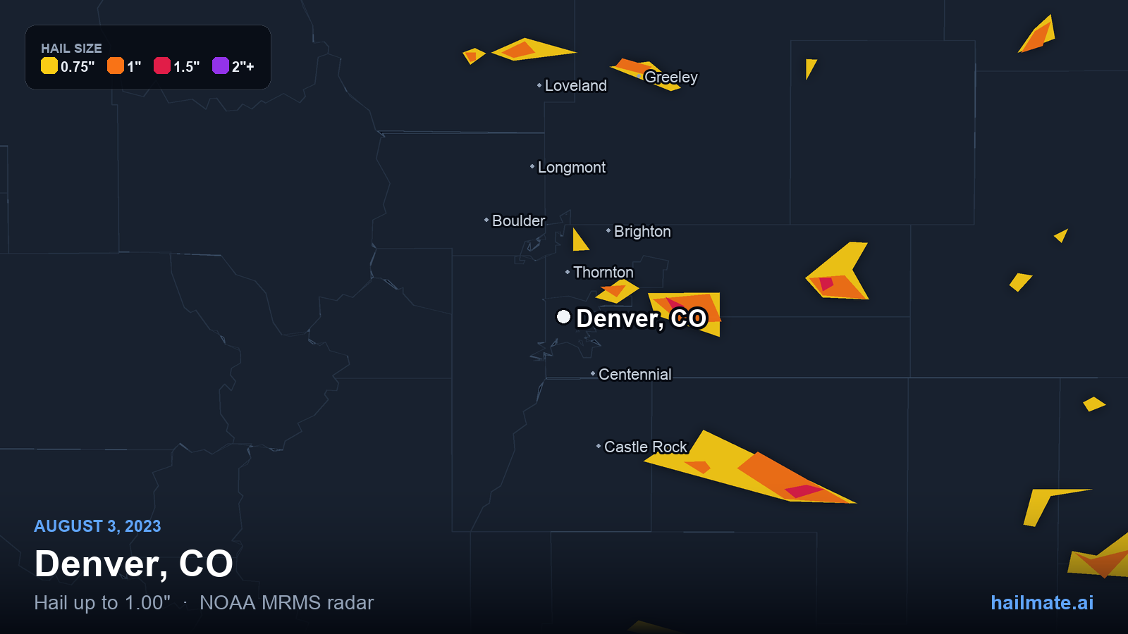 Hail swath map for Denver, CO on August 3, 2023 showing 1.00 inch hail.