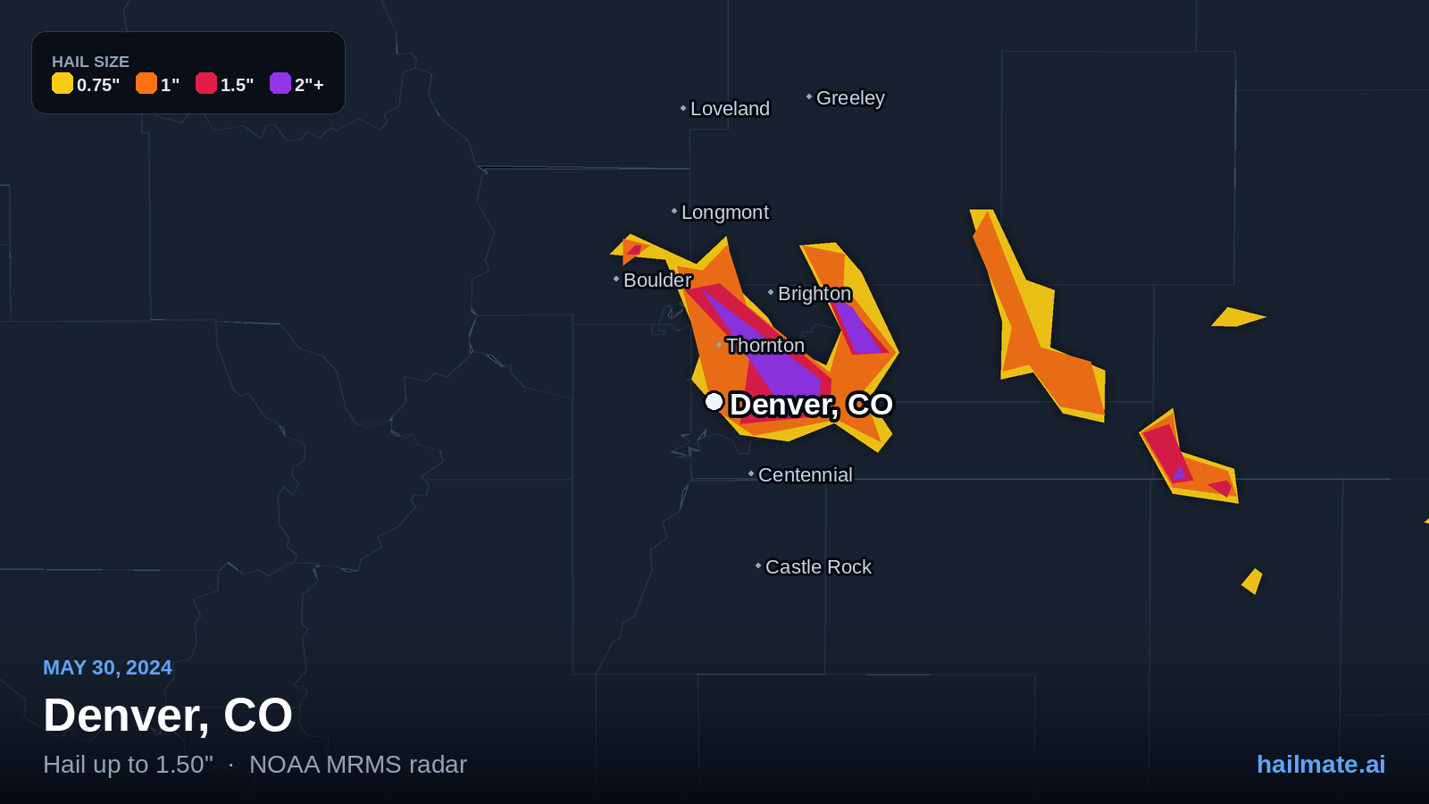 Hail swath map for Denver, CO on May 30, 2024 showing 1.50 inch hail.