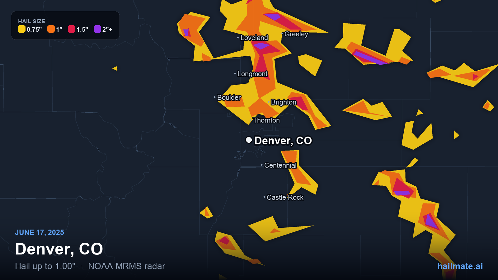 Hail swath map for Denver, CO on June 17, 2025 showing 1.00 inch hail.