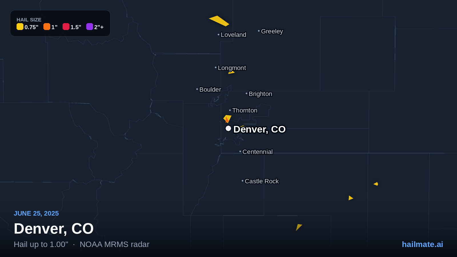 Hail swath map for Denver, CO on June 25, 2025 showing 1.00 inch hail.