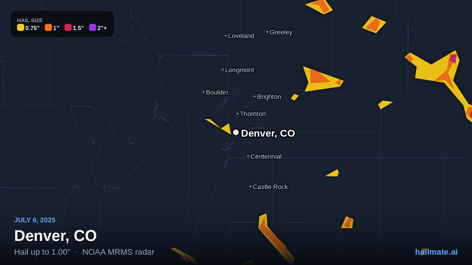 Hail swath map for Denver, CO on July 6, 2025 showing 1.00 inch hail.