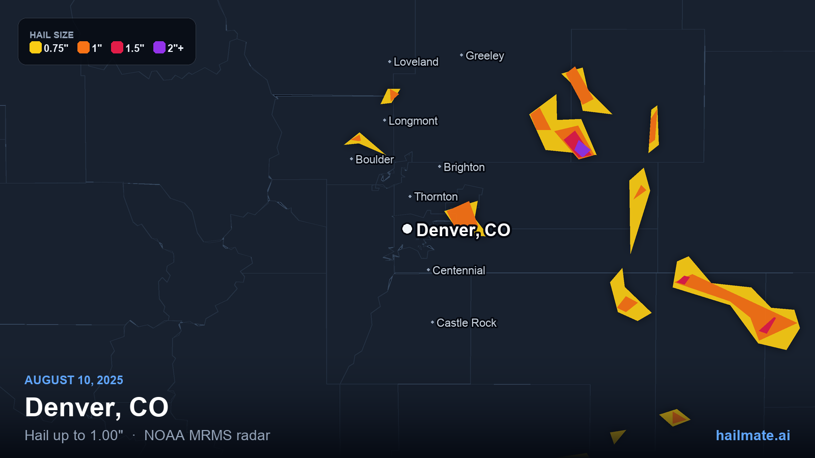 Hail swath map for Denver, CO on August 10, 2025 showing 1.00 inch hail.