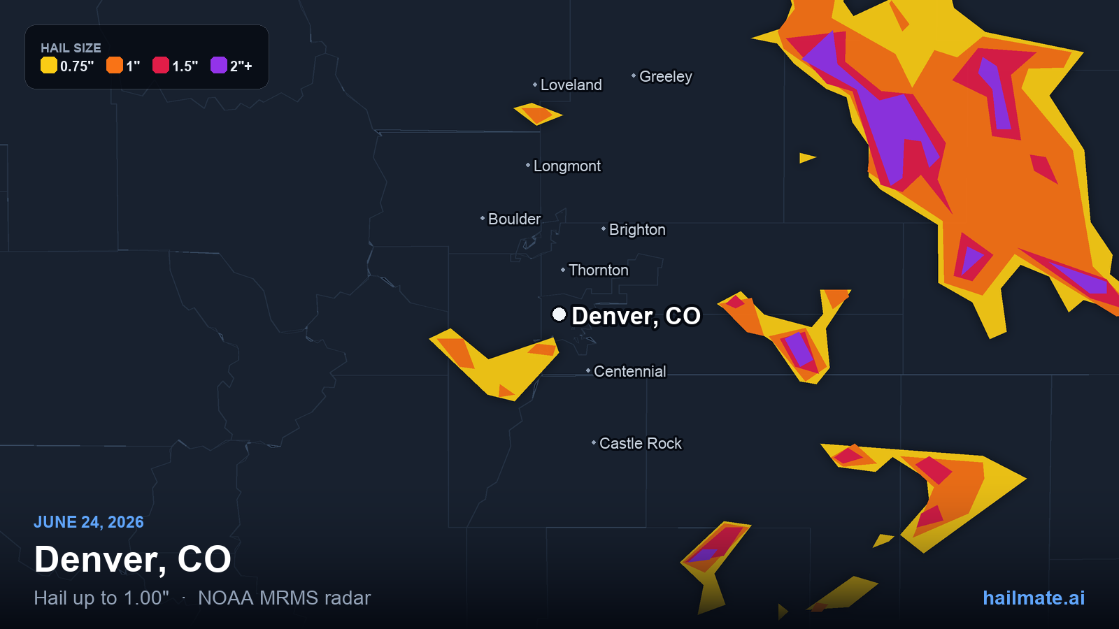 Hail swath map for Denver, CO on June 24, 2026 showing 1.00 inch hail.