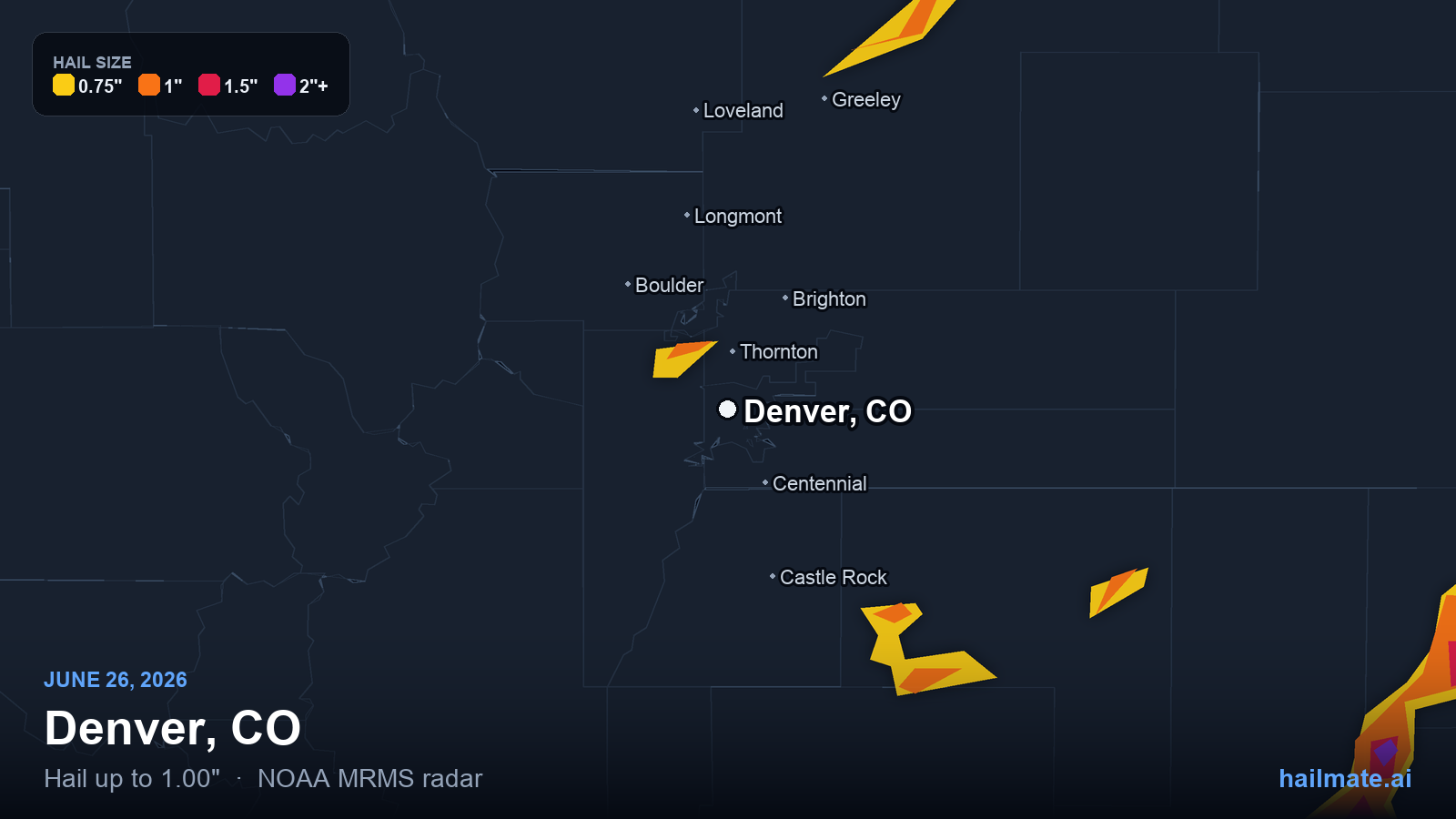 Hail swath map for Denver, CO on June 26, 2026 showing 1.00 inch hail.