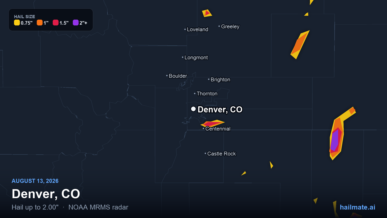 Hail swath map for Denver, CO on August 13, 2026 showing 2.00 inch hail.