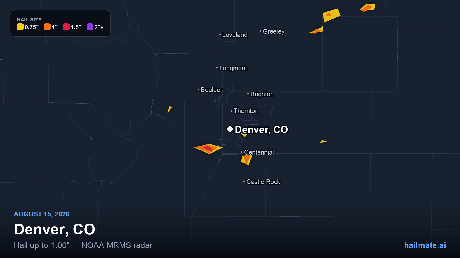 Hail swath map for Denver, CO on August 15, 2026 showing 1.00 inch hail.