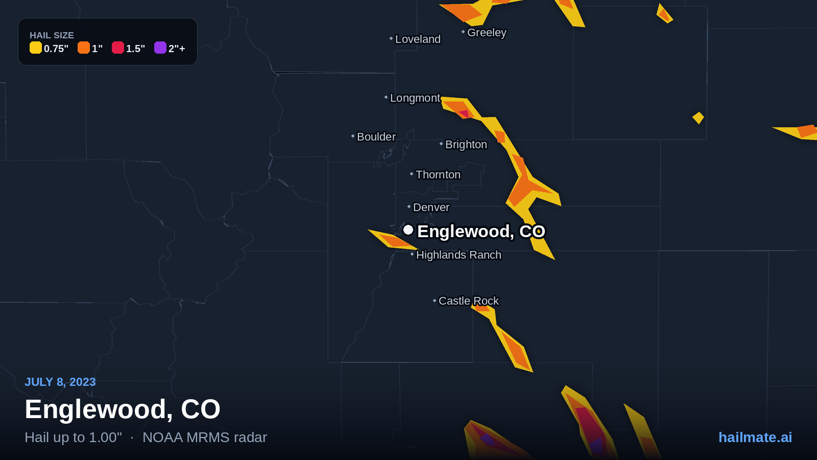 Hail swath map for Englewood, CO on July 8, 2023 showing 1.00 inch hail.