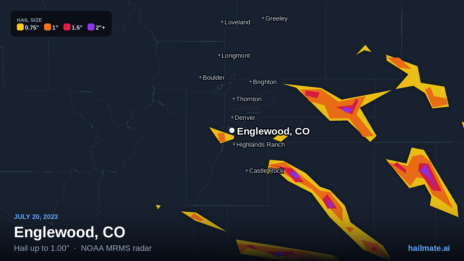Hail swath map for Englewood, CO on July 20, 2023 showing 1.00 inch hail.