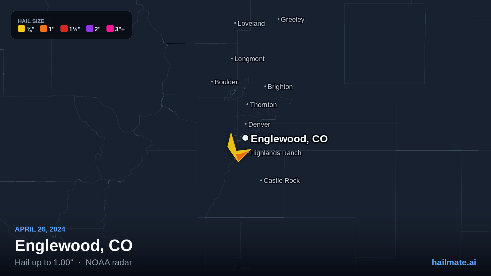 Hail swath map for Englewood, CO on April 26, 2024 showing 1.00 inch hail.
