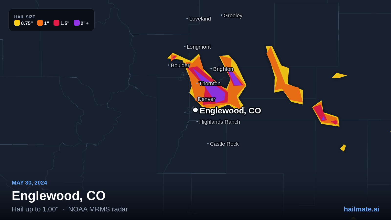 Hail swath map for Englewood, CO on May 30, 2024 showing 1.00 inch hail.