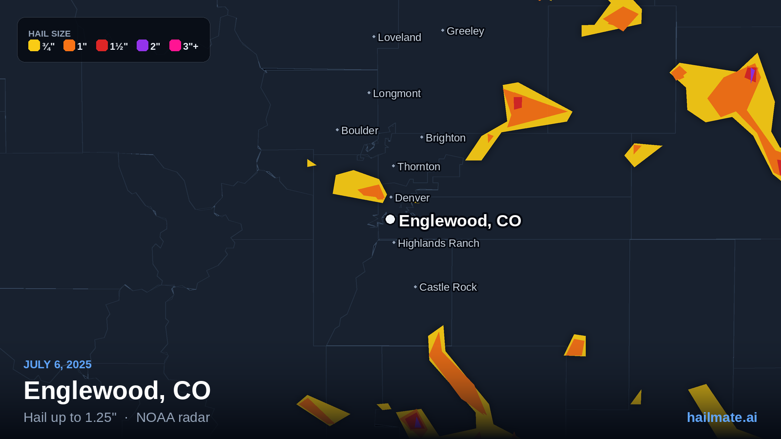 Hail swath map for Englewood, CO on July 6, 2025 showing 1.25 inch hail.