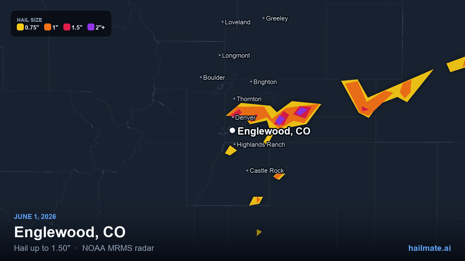 Hail swath map for Englewood, CO on June 1, 2026 showing 1.50 inch hail.