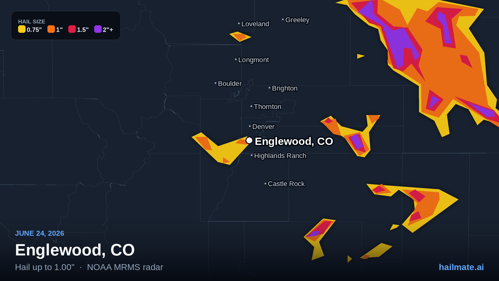 Hail swath map for Englewood, CO on June 24, 2026 showing 1.00 inch hail.