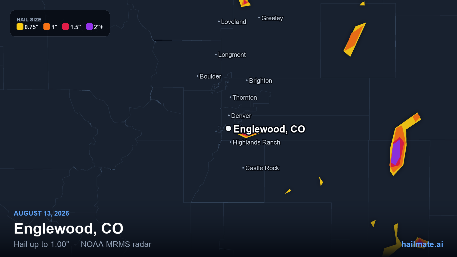 Hail swath map for Englewood, CO on August 13, 2026 showing 1.00 inch hail.
