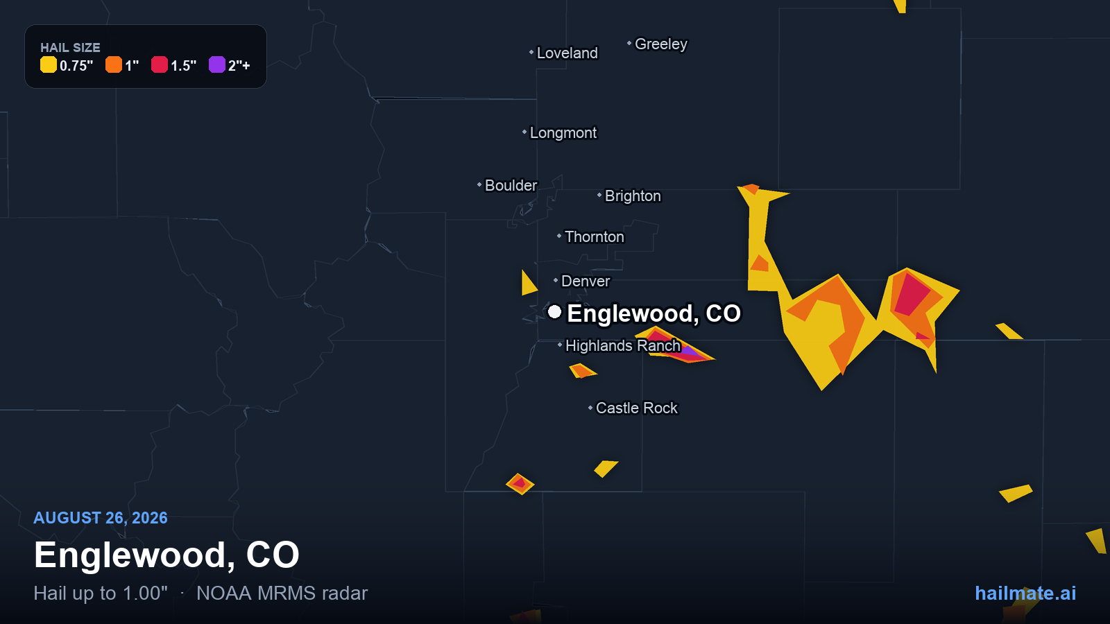 Hail swath map for Englewood, CO on August 26, 2026 showing 1.00 inch hail.