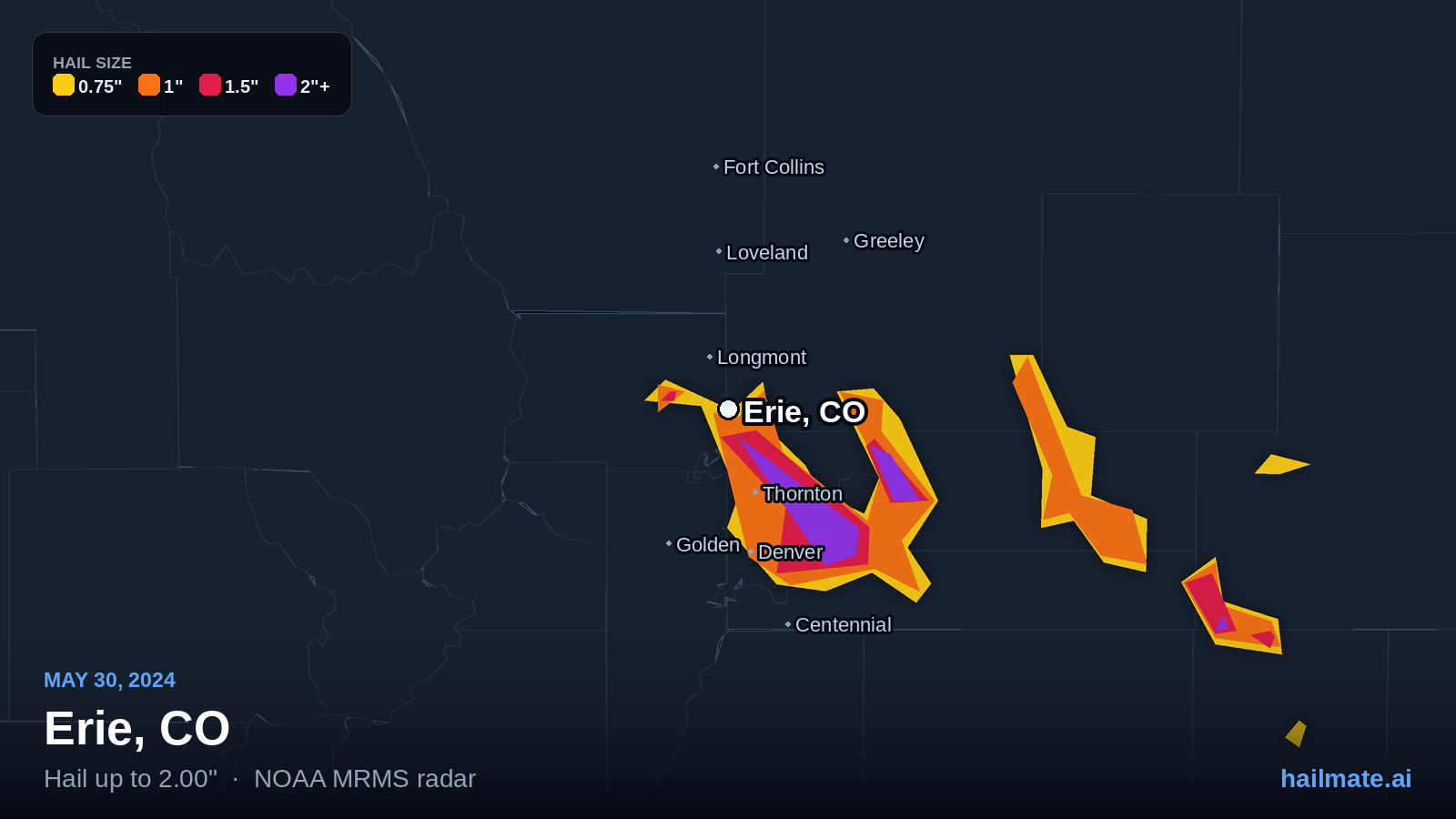 Hail swath map for Erie, CO on May 30, 2024 showing 2.00 inch hail.