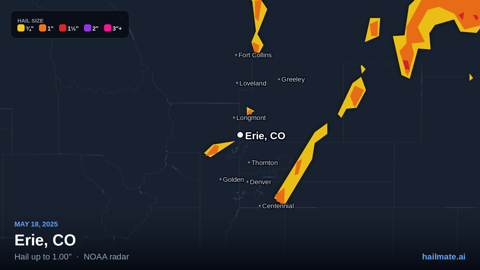 Hail swath map for Erie, CO on May 18, 2025 showing 1.00 inch hail.