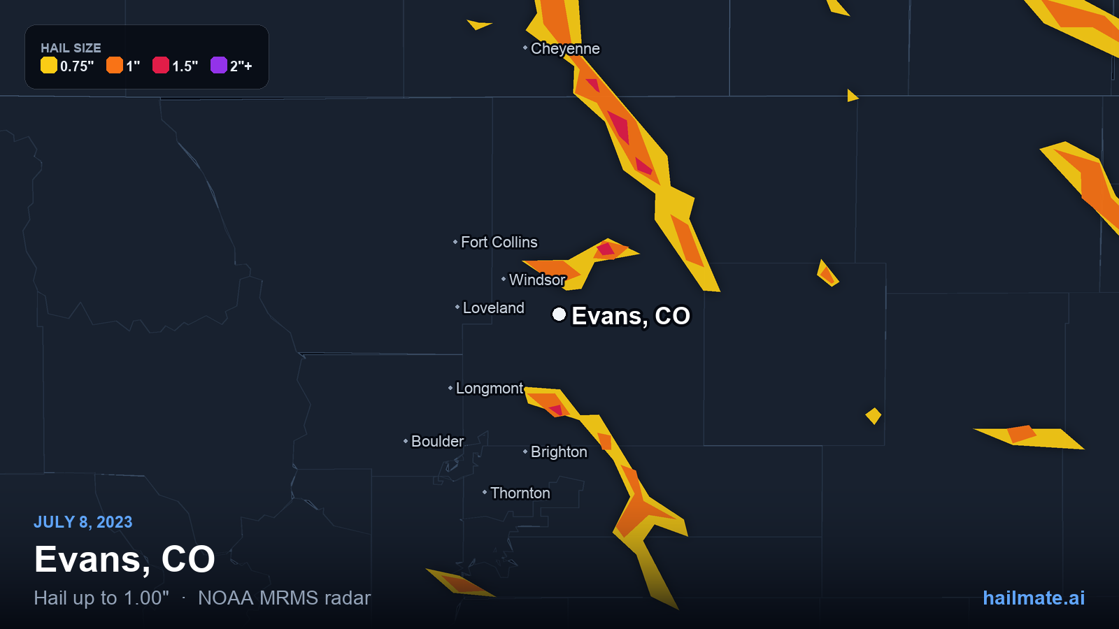 Hail swath map for Evans, CO on July 8, 2023 showing 1.00 inch hail.