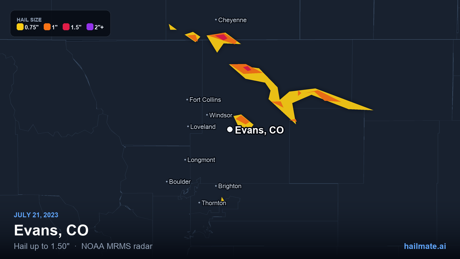 Hail swath map for Evans, CO on July 21, 2023 showing 1.50 inch hail.