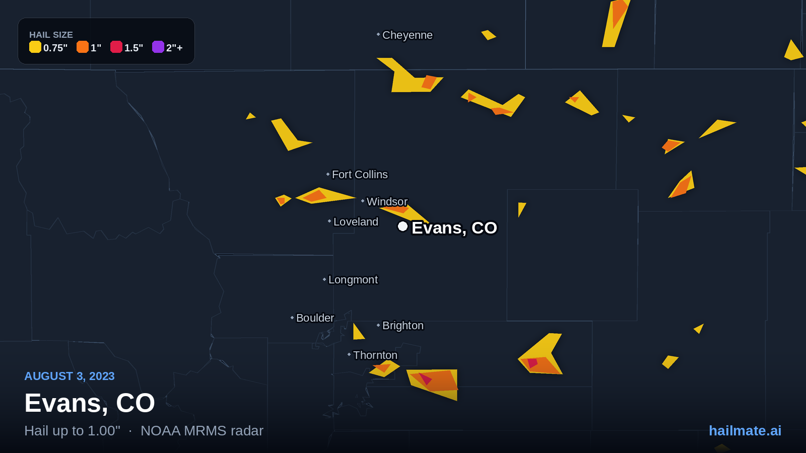 Hail swath map for Evans, CO on August 3, 2023 showing 1.00 inch hail.