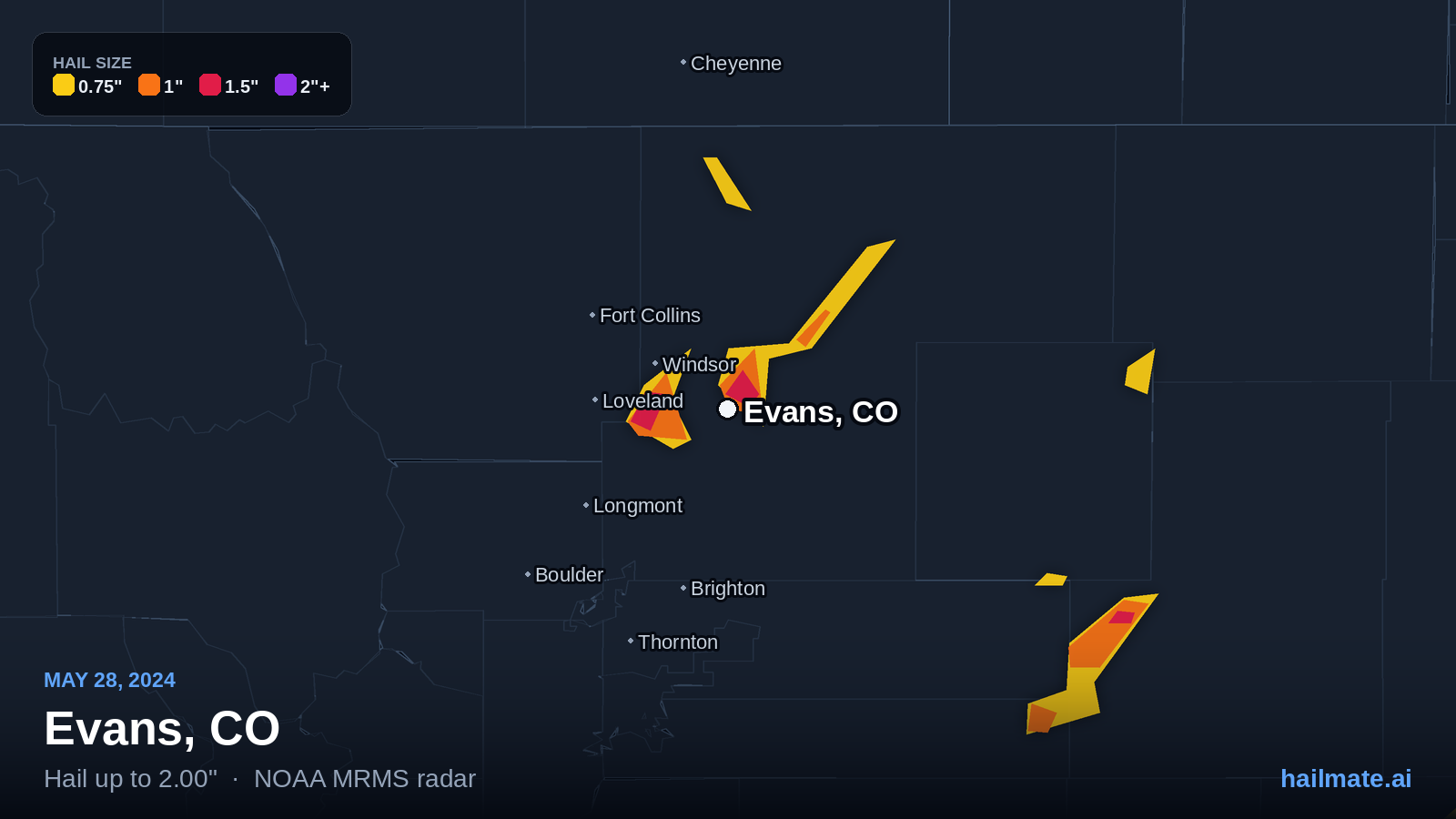 Hail swath map for Evans, CO on May 28, 2024 showing 2.00 inch hail.