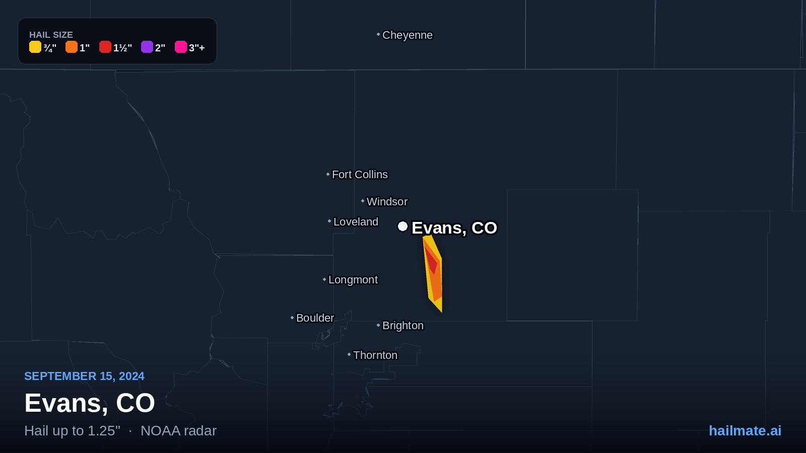 Hail swath map for Evans, CO on September 15, 2024 showing 1.25 inch hail.