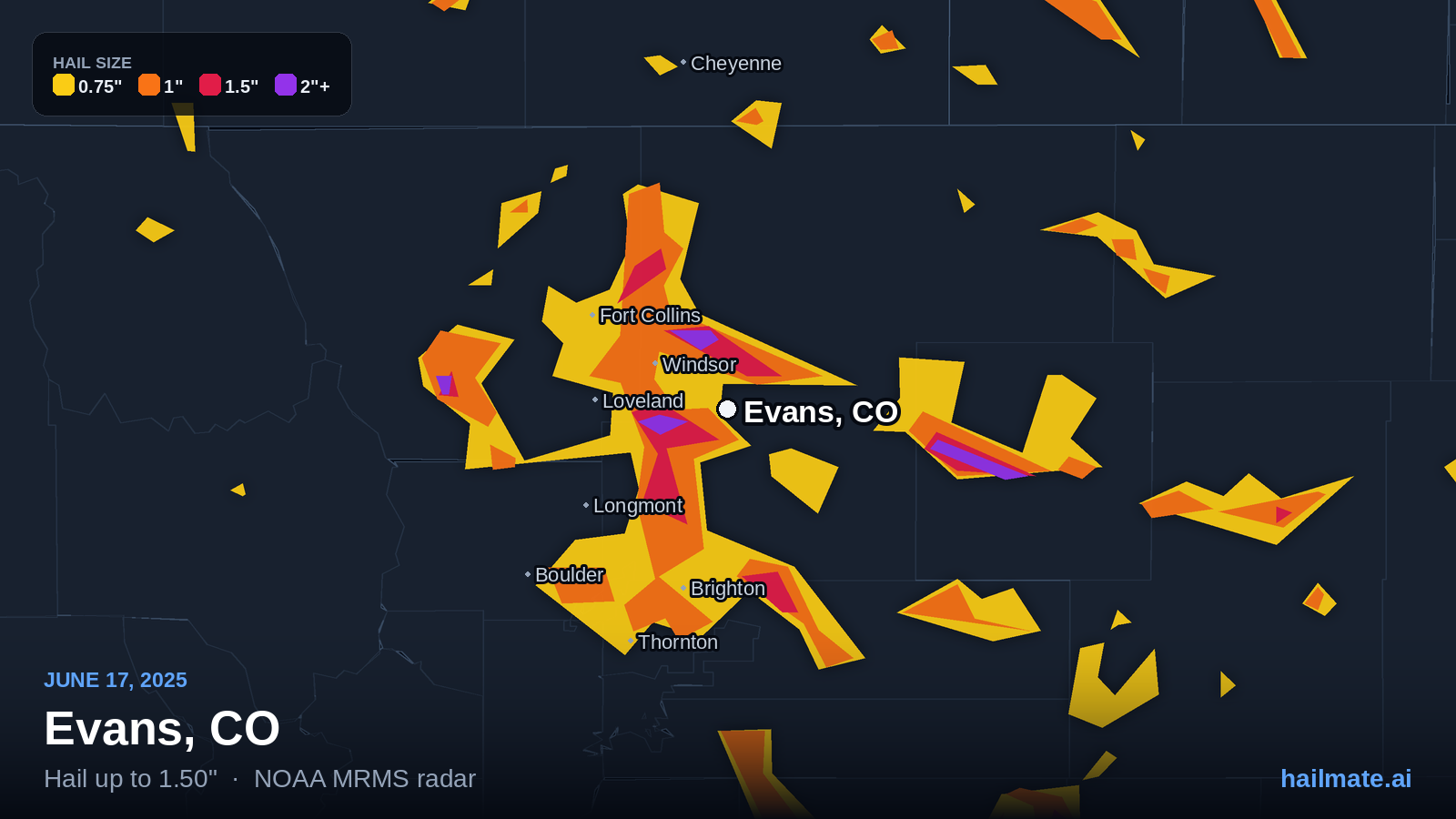 Hail swath map for Evans, CO on June 17, 2025 showing 1.50 inch hail.