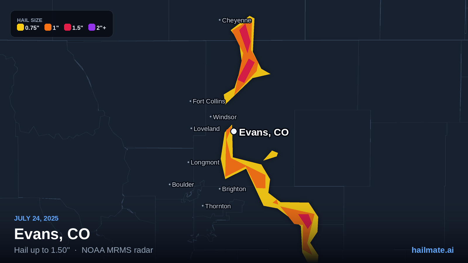 Hail swath map for Evans, CO on July 24, 2025 showing 1.50 inch hail.