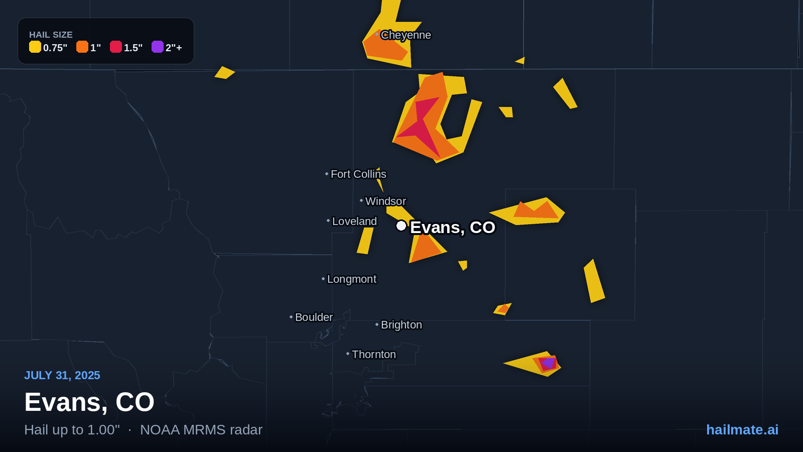 Hail swath map for Evans, CO on July 31, 2025 showing 1.00 inch hail.