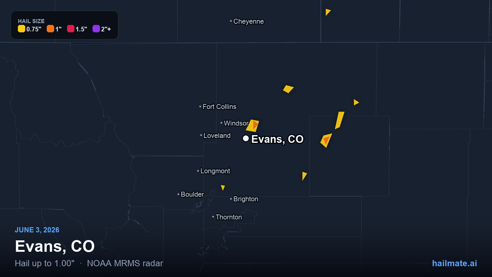 Hail swath map for Evans, CO on June 3, 2026 showing 1.00 inch hail.
