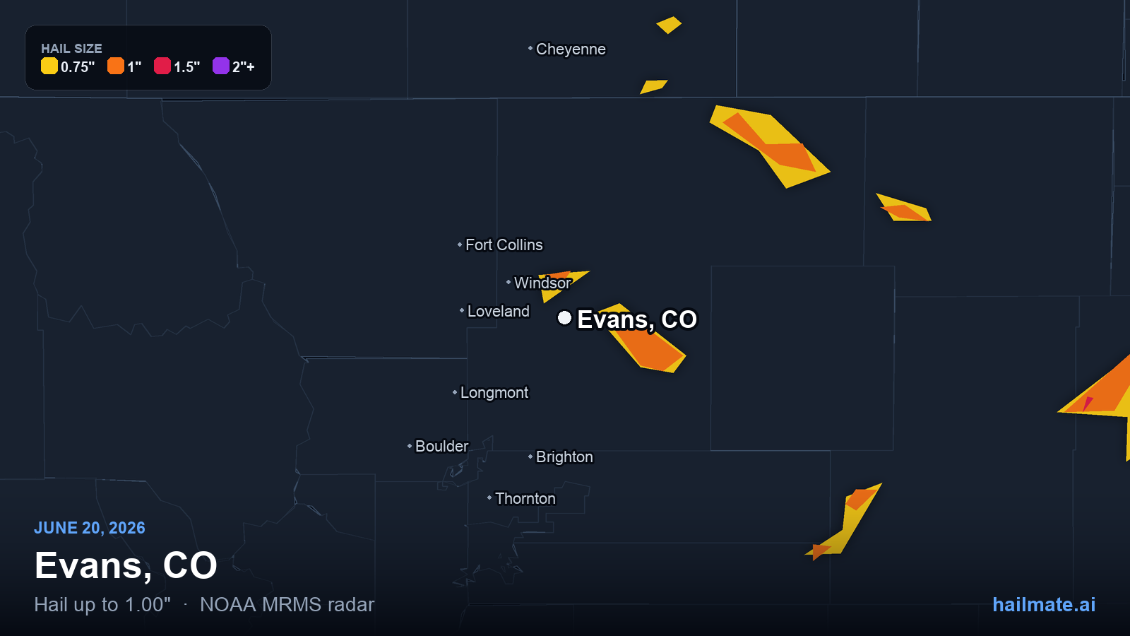 Hail swath map for Evans, CO on June 20, 2026 showing 1.00 inch hail.