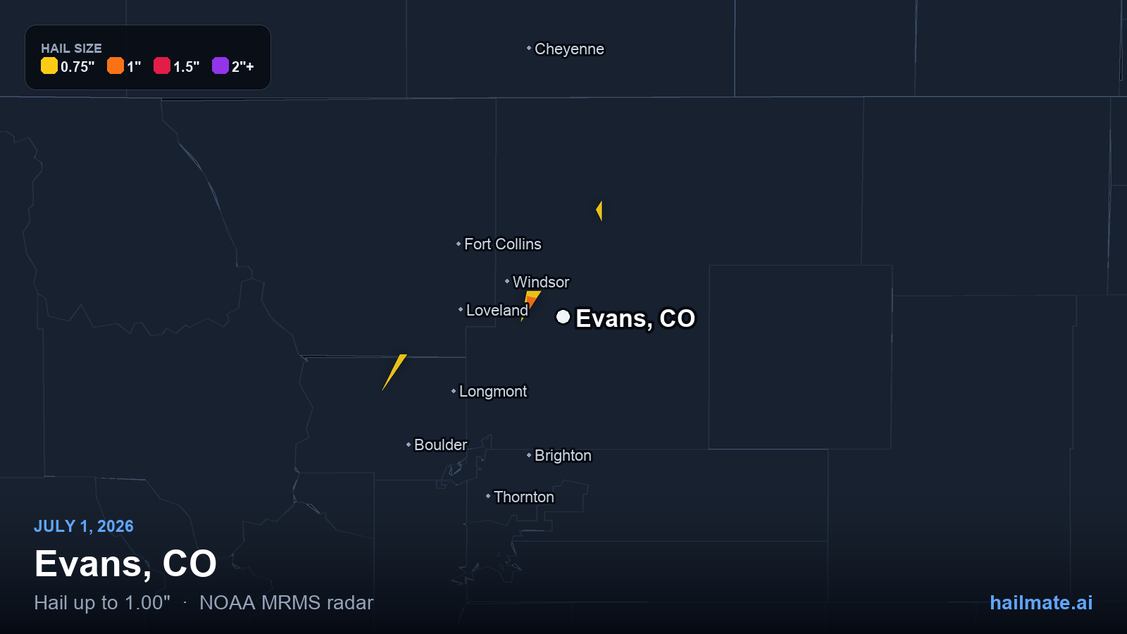 Hail swath map for Evans, CO on July 1, 2026 showing 1.00 inch hail.