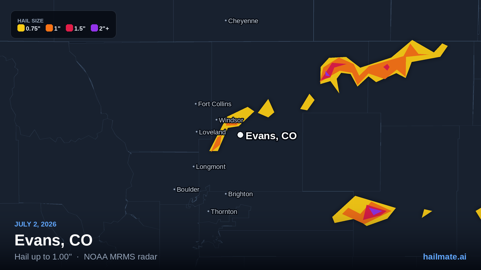 Hail swath map for Evans, CO on July 2, 2026 showing 1.00 inch hail.