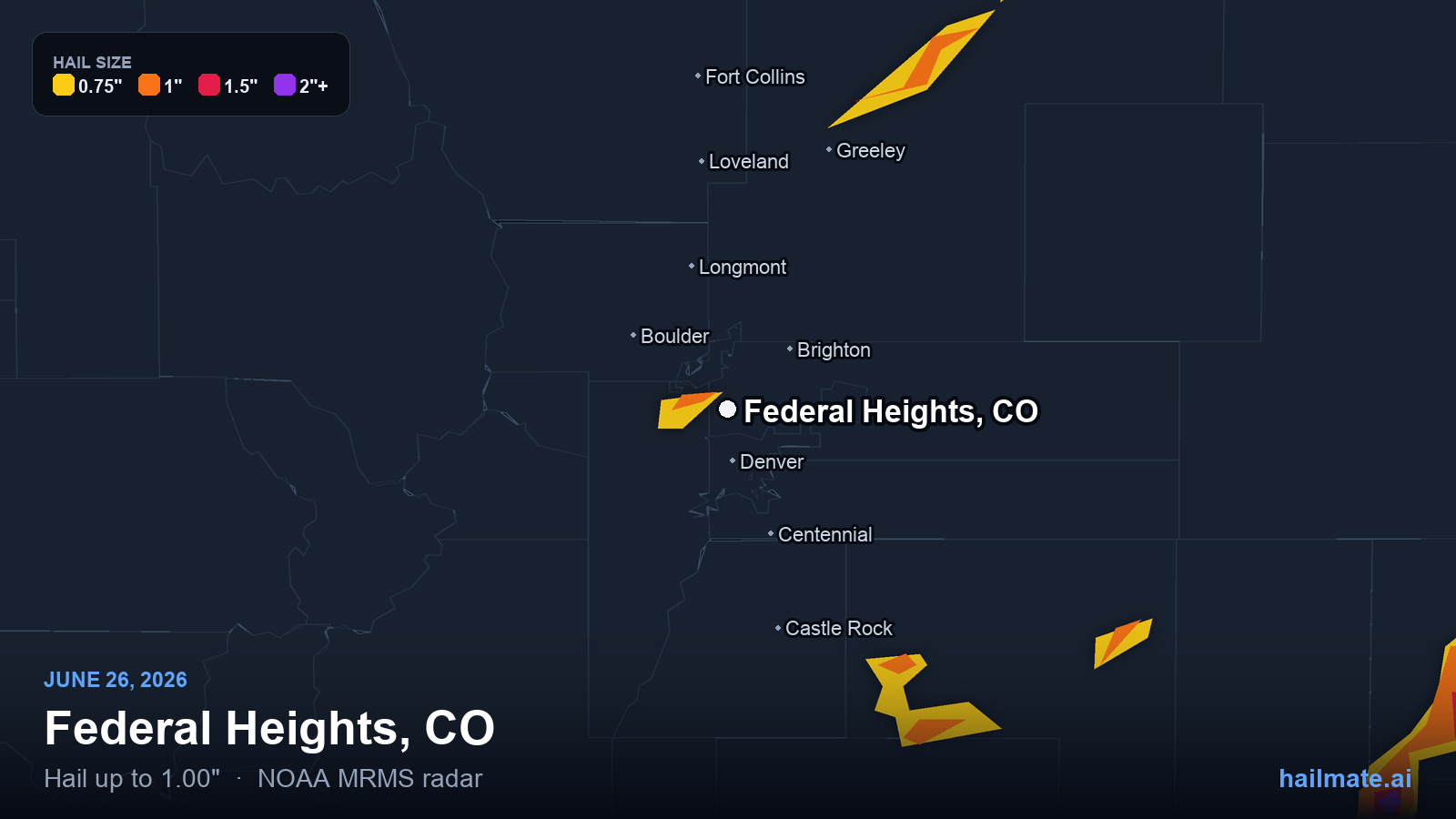 Hail swath map for Federal Heights, CO on June 26, 2026 showing 1.00 inch hail.