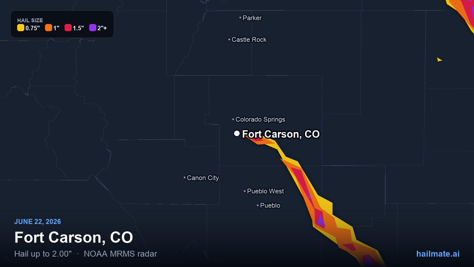 Hail swath map for Fort Carson, CO on June 22, 2026 showing 2.00 inch hail.
