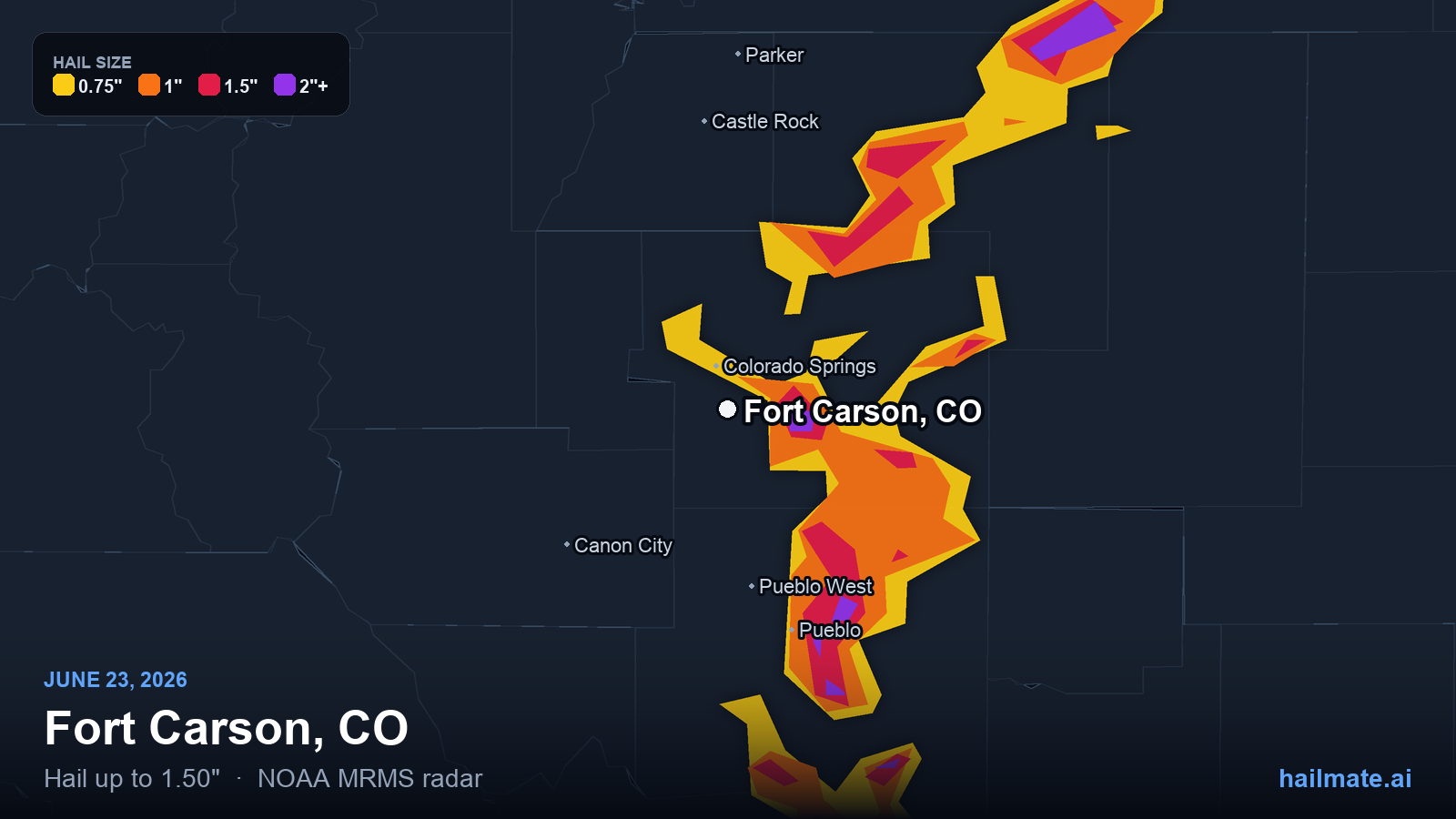 Hail swath map for Fort Carson, CO on June 23, 2026 showing 1.50 inch hail.