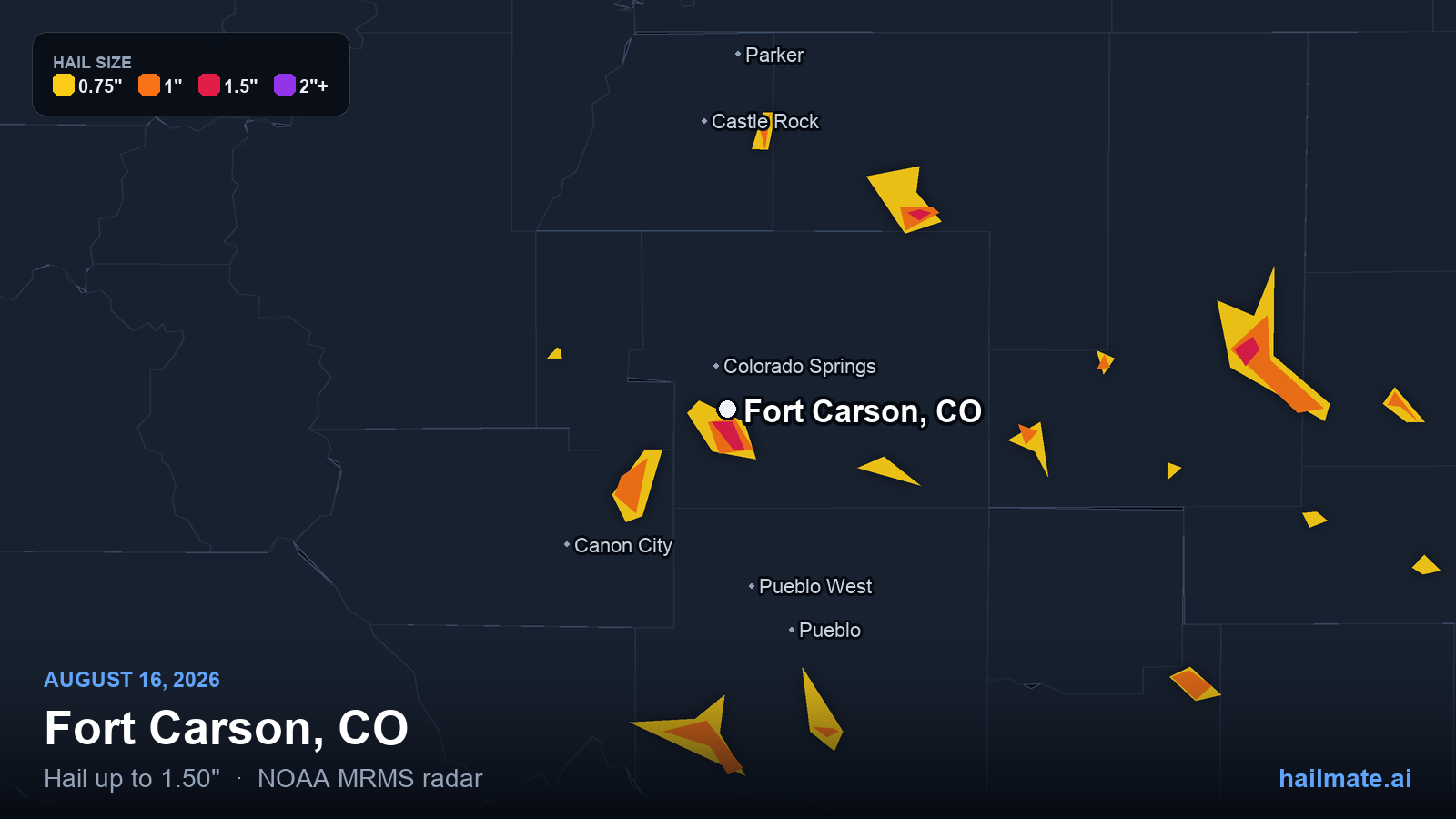 Hail swath map for Fort Carson, CO on August 16, 2026 showing 1.50 inch hail.