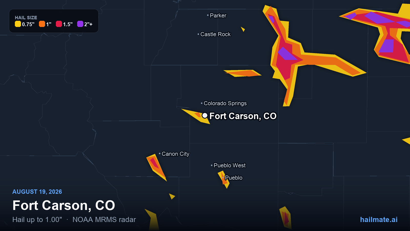 Hail swath map for Fort Carson, CO on August 19, 2026 showing 1.00 inch hail.