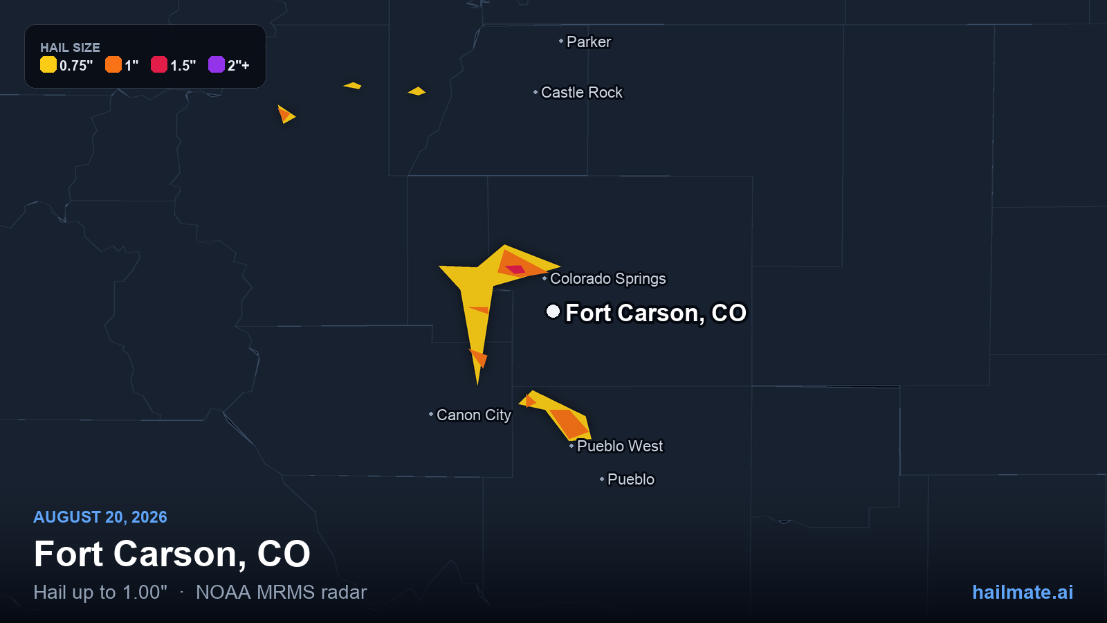 Hail swath map for Fort Carson, CO on August 20, 2026 showing 1.00 inch hail.